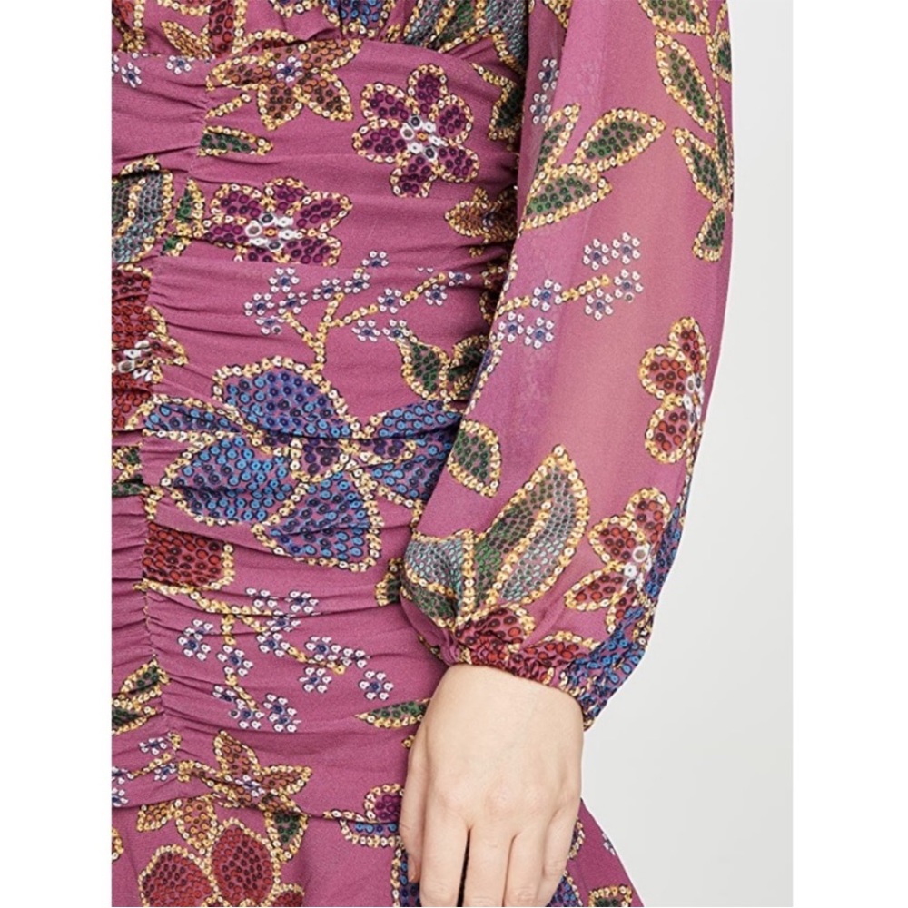FARM RIO Mauve Pink Blue Floral Long Sleeve Plunging V Ruched Ruffle Mini Dress - Picture 15 of 17
